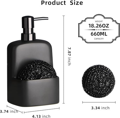 Dish Soap Dispenser - Kitchen Soap Dispenser with Sponge Holder Matte Ceramic Soap Daddy Dispenser 20oz for Kitchen (Matte Black)
