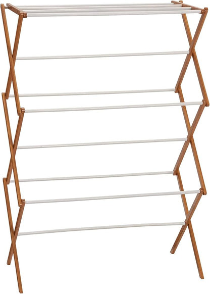 Household Essentials Bamboo Folding Clothes Drying Rack | White Finish, 11 Dowels & Flat Drying Shelf | Eco-Friendly, Collapsible Laundry Rack for Dorms, Apartments & Small Spaces | Fully Assembled
