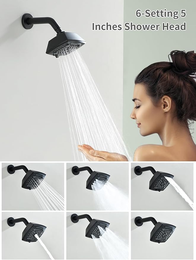 Matte Black Shower Faucet Set 6 Setting Shower Head 5 Inch Shower Trim Kit Modern shower valve kit High Pressure Shower Fixtures Shower System