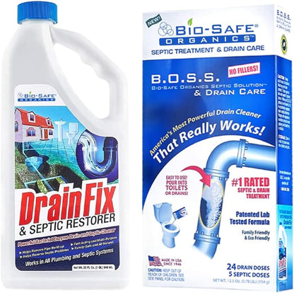 Bio-Safe Organics - Septic Tank Shock - Small Combo Drainfix & Small BOSS package - Patented Exxon Valdez Septic Tank Treatment - Septic Maintenance