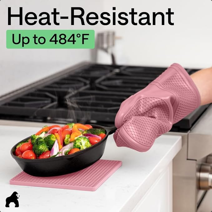 GORILLA GRIP BPA-Free Soft Silicone Oven Mitts and Pot Holders Sets of 4, Heat Resistant Waterproof Cooking Gloves, Thick Cotton Lining, Flexible Gripping for Baking Grilling, Kitchen Trivets, Pink