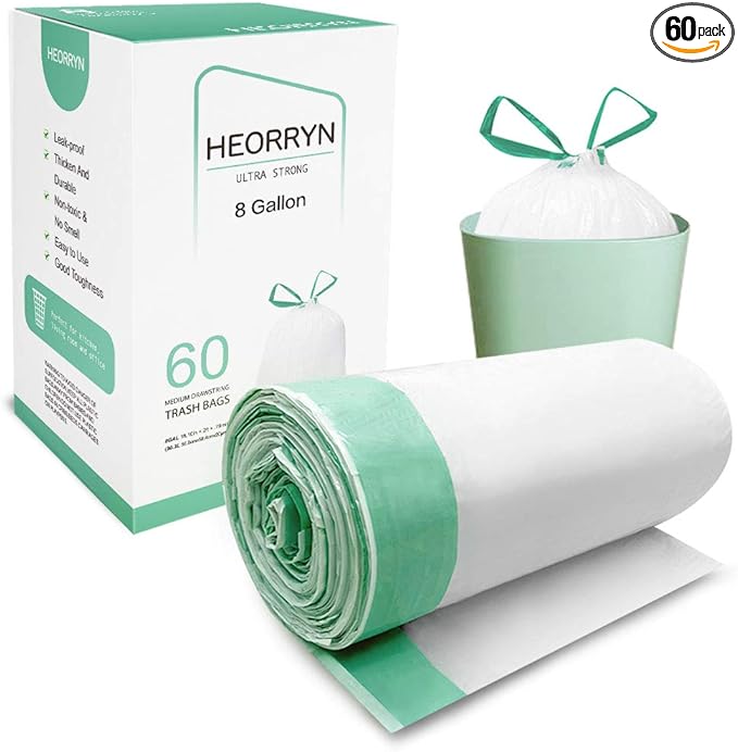 8 Gallon Drawstring Trash Bags-0.79 Mil Ultra Strong Medium Trash Can Liners for Kitchen/Office, Unscented White Garbage Bags, 60 Count