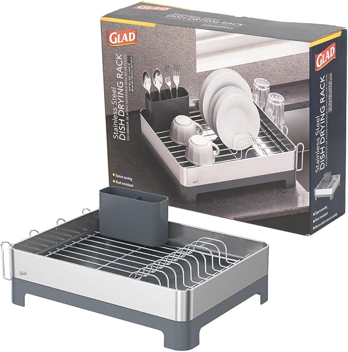 Glad Stainless Steel Dish Drying Rack - Large Space Saving Dish Drainer with Removable Cutlery Holder - Rust-Resistant Metal Rack with Adjustable Drain Spout for Kitchen Countertops, (12.6”W x 17.7”L)