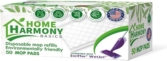 Home Harmony Basics Wet Jet Refill Pads, 50 Count, Compatible with Swiffer WetJet Mop, Disposable Spray Mop Pad Refills, WetJet Replacement Pads, Eco-Friendly (Packaging May Vary)
