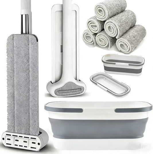Bucket with Wringer Set, 6 Piece Microfiber Flat Mop Cleaning System with Long Handle, Hands Free Floor Cleaner for Hardwood, Tile & Wall (1 Mop + 6 Microfiber Pads + 1 Bucket)