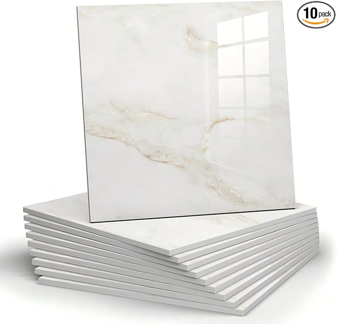 Chejiaye 10pcs Marble Peel and Stick Backsplash Waterproof Washroom Wall Panels, Peel and Stick Tile, PVC Foam Wall Panels for Kitchen,Bathroom,Living Room,Colorful (White and Yellow,11.8" x 11.8")
