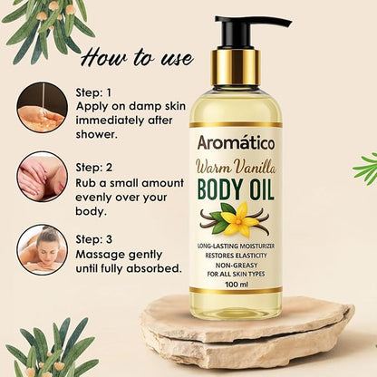 Aromatico Warm Vanilla Mini Body Oil for Women | Moisturizing After Shower Body Oil for Daily Use | Cozy, Creamy Vanilla Scent - 4 fl oz