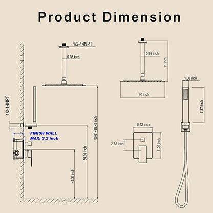 Ceiling Mount Shower Faucet Set, Gold Shower System with 10-Inch Rain Showerhead and Handheld Spray Combo, High-Pressure Showerheads Set with Valve and Trim Kit, Brushed Gold