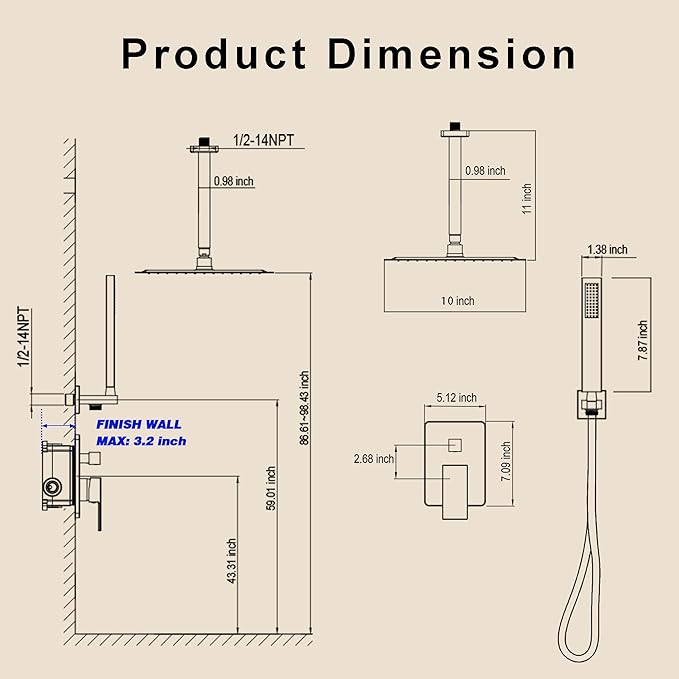 Ceiling Mount Shower Faucet Set, Shower System with 10-Inch Rain Showerhead and Handheld Spray Combo, High-Pressure Showerheads Set with Valve and Trim Kit, Brushed Nickel