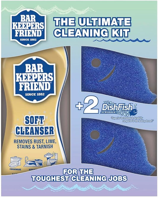 Bar Keepers Friend Ultimate Cleaning Kit | Soft Cleanser Liquid (26 OZ) & Two DishFish Scrubbers | Multipurpose, Stainless Steel, Rust, Soft Cleaner with Heavy Duty Non Scratch DishFish Scrubbers