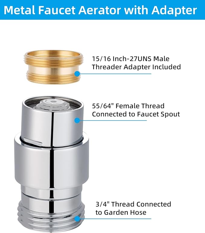Hibbent 2 in 1 Faucet Aerator with Adapter, Connect to Garden Hose/Other 3/4 Inch Thread Hose, Big Angle Swivel Kitchen Sink Faucet Aerator with Movable Lid to Cover the Thread-Polished Chrome