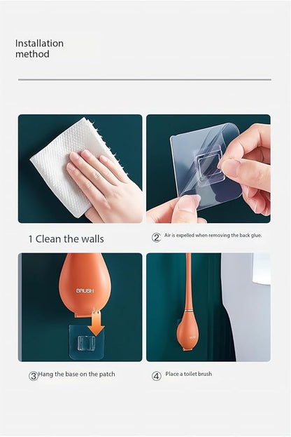 Modern Flexible Silicone Toilet Caspa for Home 2025 Silicone Toilet Wand Bowl Brush and Holder Cleaning Set Wall Mounted Rubber Bathroom Toilet Scrubber Bowl Cleaner Brushes with Dispenser (Orange)