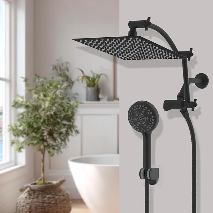 Hibbent All Metal cUPC Certified Shower Head, 12'' High Pressure Rain Shower Head, Handheld Showerhead Combo with 16'' Adjustable Extension Arm, 10 Sprays, 71'' Hose, Showerhead Holder, Matte Black