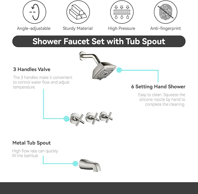 3 Handle Shower Faucet Set with Tub Spout 6-Spray Shower Head and Handle Set Shower Trim Kit with Rough-in Valve Bathroom Shower Faucet Valve Trim Kit Shower System Brushed Nickel