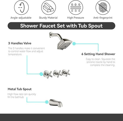 3 Handle Shower Faucet Set with Tub Spout 6-Spray Shower Head and Handle Set Shower Trim Kit with Rough-in Valve Bathroom Shower Faucet Valve Trim Kit Shower System Brushed Nickel