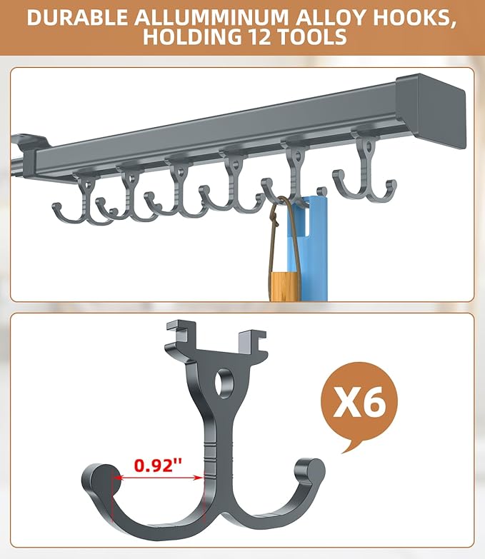 Pull Out Broom Holder, Multifunctional Slide Broom And Mop Storage/Organizer With Adjustable Double Row Sliding Hook, Garage Organization Hooks, for Closet Laundry - grey - 36cm/14.17inch