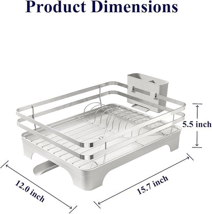 Kitsure Dish Drying Rack - Multi-Functional Dish Rack for Kitchen Counter with Cutlery Holder, Rust-Proof Storage Solution with Rotatable, 15.7" x 12.0" x 5.5", Sliver Grey