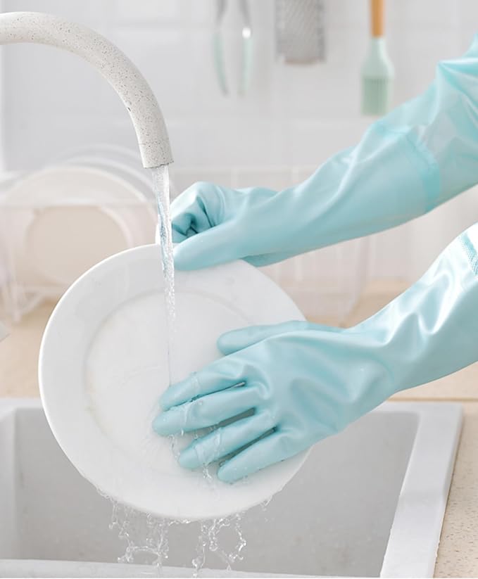 RARITYUS Household Kitchen Cleaning Gloves Waterproof Cotton Lined Dishwashing Non-Slip Long Cuff Gloves