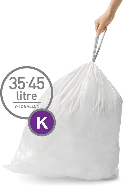 simplehuman Code K 100 Count, Dispenser Pack Custom Fit Liners, Drawstring Trash Bags, 35-45 Liter / 9-12 Gallon, White