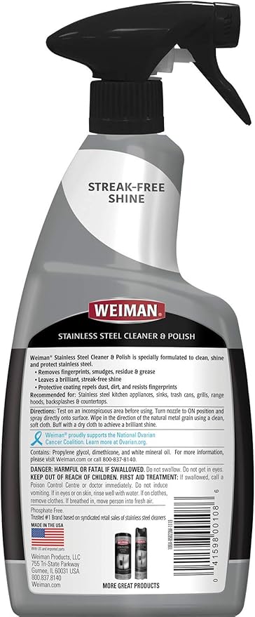 Weiman Stainless Steel Cleaner and Polish - Streak-Free Shine for Refrigerators, Dishwasher, Sinks, Range Hoods and BBQ grills, 22 Fl Oz