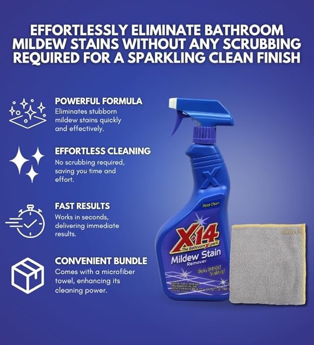 Malco X-14 Mildew Stain Remover Spray 1 qt Bundle with Microfiber Cloth - Fast-Acting Mold and Mildew Cleaner for Grout, Tile, Vinyl, Plastic, Boats, and More - No Scrubbing Required - (2 Items)