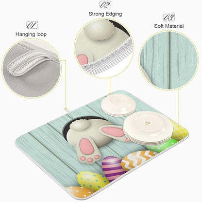 Happy Easter Eggs Bunny Tail Dish Drying Mat 16x18 for Kitchen Easter Day Rabbit Flowers Dishes Pad Dish Drainer Rack Mats Absorbent Fast Dry Kitchen Accessories