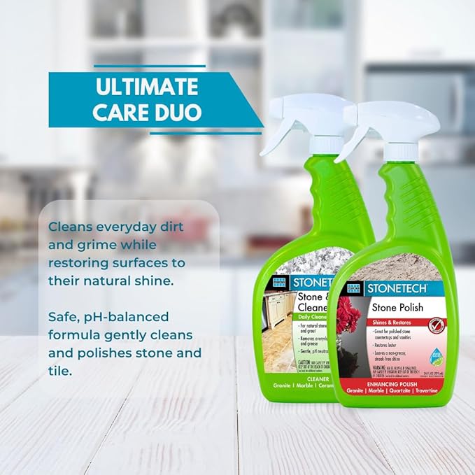StoneTech Stone & Tile Cleaner and Stone Polish Duo – Daily Cleaner & Polish for Granite, Marble, Quartzite, Travertine – Removes Dirt & Restores Shine – 2 Microfiber Cloths – Fresh Scent