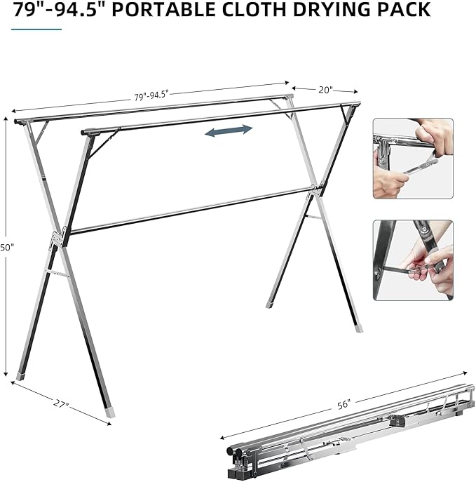 Clothes Drying Rack,Heavy Duty Stainless Steel Garment Rack,Adjustable and Foldable Laundry Drying Rack for Indoor Outdoor Drying Rack Clothing with 20 Windproof Hooks (Silver, 95")