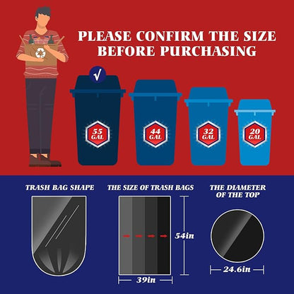 Teivio Trash Bags, 55-60 Gallon, 20 Count, Black, for Bathroom, Office, Industrial, Commercial, Janitorial, Municipal, Recycling