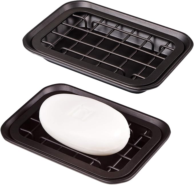 Kitchen and Bathroom Soap Dish Tray - Metal 2-Piece Soap Dish Tray with Drainage Grid and Holder for Kitchen Sink Countertops to Store Soap, Sponges, Scrubbers - Rust Resistant - 2 Pack (Bronze)