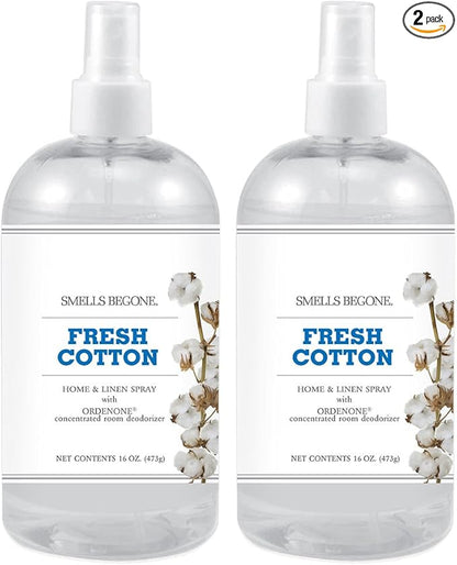 SMELLS BEGONE Air Freshener Home & Linen Spray - 16 oz, Pack of 2 - Odor Eliminator - Made with Essential Oils (Fresh Cotton)