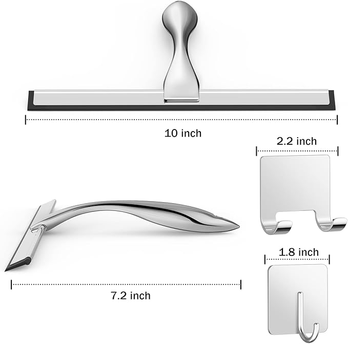 All-Purpose Stainless Steel Shower Squeegee for Shower Glass Door with 2 Adhesive Hooks, Bathroom Cleaner Tool Household Window Mirror Squeegee , Cleaning Tile Wall, Car, 10 Inch Silver