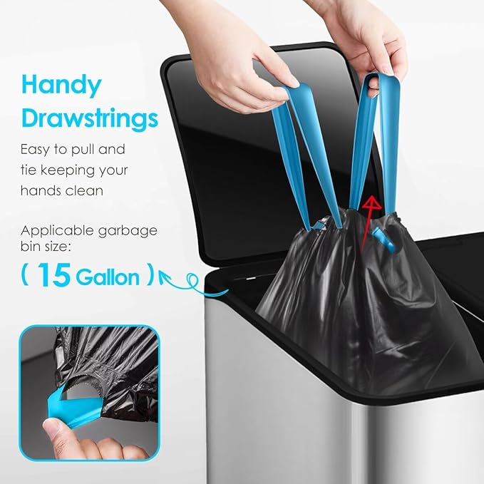 Teivio 15 Gallon 60 Counts Strong Tall Kitchen Drawstring Trash Bags, Medium Plastic Garbage Bags for Home Kitchen Garden Office Tall Trash Can, Black Waste Bin Liners