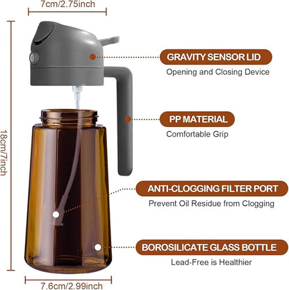 YARRAMATE 16oz/470ml Dark Brown Oil Sprayer for Cooking with Stickers, Food-grade Premium 2 in 1 Olive Oil Dispenser Bottle for Kitchen Gadgets, Air Fryer, Salad, Frying, BBQ (Grey)