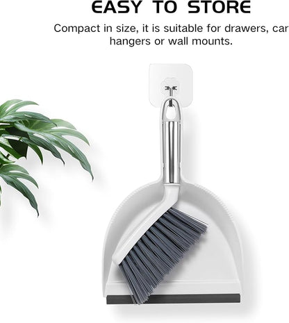 NACENA Mini Broom and Dustpan Set 2 Packs, Small Dust Pan and Brush Set with Handle Dustpan Teeth for Cleaning Hair Suitable for Office Desks Drawers Sofas Pet Care Outdoor Camping, White & Gray