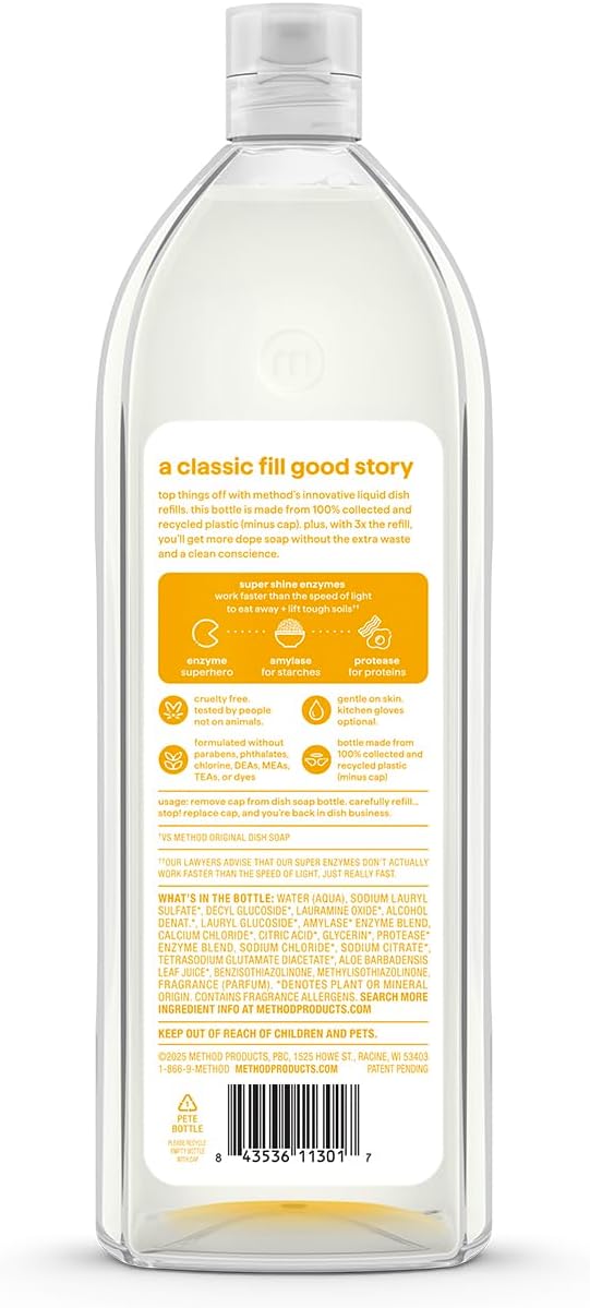 Method Super Shine Liquid Dish Soap Refill, Powered by Enzymes, Coastal Citron Scented, 48 fl oz