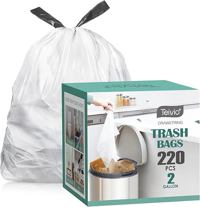 2 Gallon Small 220 Counts Strong Drawstring Trash Bags Garbage Bags by Teivio, Bathroom Trash Can Bin Liners, Plastic Bags for home office kitchen, White