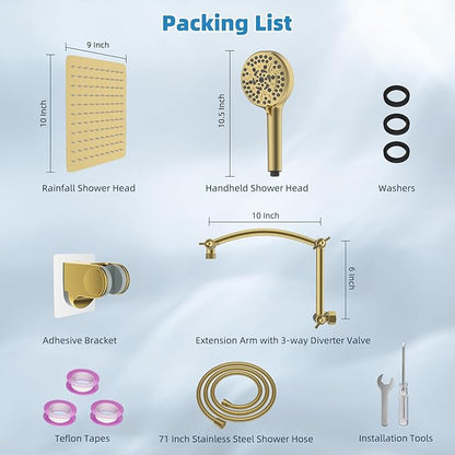 Hibbent All Metal cUPC Certified Shower Head, 10'' High Pressure Rain Shower Head, Handheld Showerhead Combo with 16'' Adjustable Extension Arm, 10 Sprays, 71'' Hose, Shower Holder, Brushed Gold