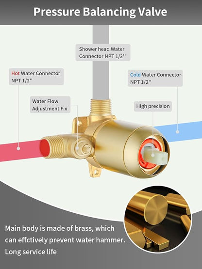 Brushed Gold Shower Faucet Set 6 Setting Shower Head 5 Inch Shower Trim Kit Modern shower valve kit High Pressure Shower Fixtures Shower System