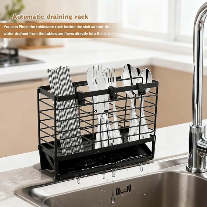 3-Compartment Dish Drying Rack for Kitchen, Carbon Steel Utensil Holder with Drain Tray, Utensil Caddy Organizer for Knives, Forks, Spoons, Chopsticks, Wall Mount or Countertop(COLOR:Black)