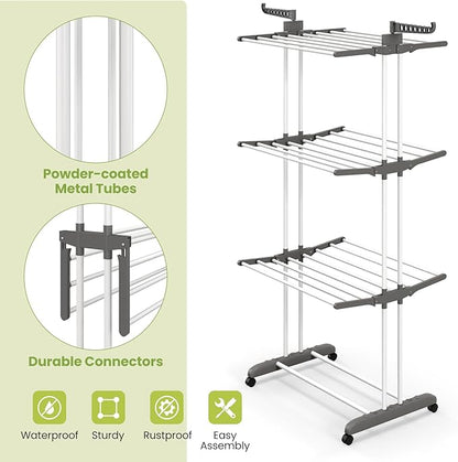 Giantex Foldable Clothes Drying Rack, Oversized 4-Tier Collapsible Laundry Rack w/ 3 Retractable Trays, Hanger Holders, Moveable Laundry Garment Dryer Stand w/Wheels for Indoor Outdoor Use