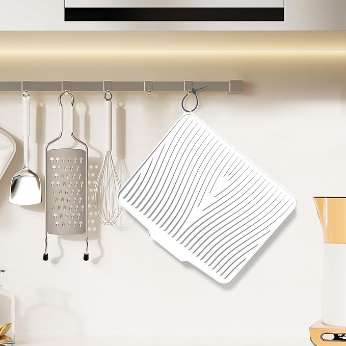 Silicone Dish Drying Mat for Kitchen Counter, Dish Drying Pad, Non-Slip Drain Pad with Built-in Drain, Heat Resistant Stone Drying Mat,Ivory-1Set