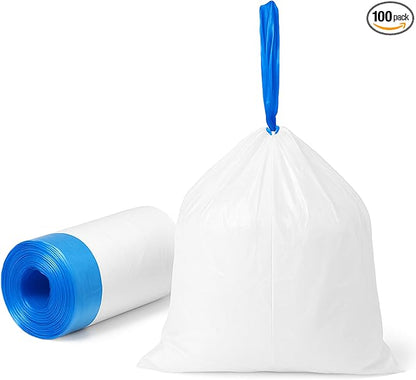 4 Gallon Small Trash Bags with Drawstring & Handles, 100 Pack - White Garbage Bags for Bathroom Office Dorm - Strong Leak-Proof Bin Liners, Individual Bags on Roll, No Tearing