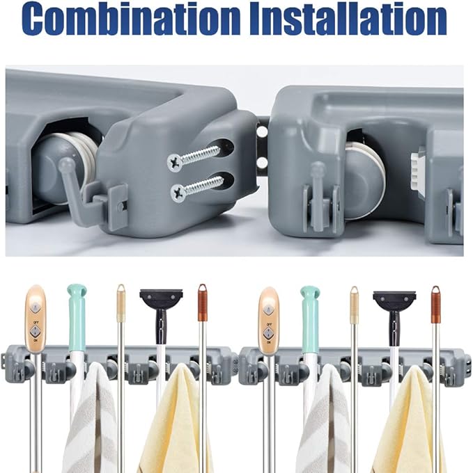 HOME MASTER HARDWARE (2 Pack 16 in Broom Mop Holder Garage Storage Organizer with 5 Racks 6 Hooks Adjustable Wall Mounted Storage Tool for Lanudry Garage Kitchen Garden