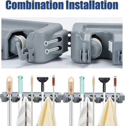 HOME MASTER HARDWARE (2 Pack 16 in Broom Mop Holder Garage Storage Organizer with 5 Racks 6 Hooks Adjustable Wall Mounted Storage Tool for Lanudry Garage Kitchen Garden