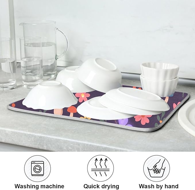 Mushroom with Snails Dish Drying Mat Absorbent Kitchen Pads for Counter Kitchen Dish Dryer 18 x 24 Mat under Dish Drainer