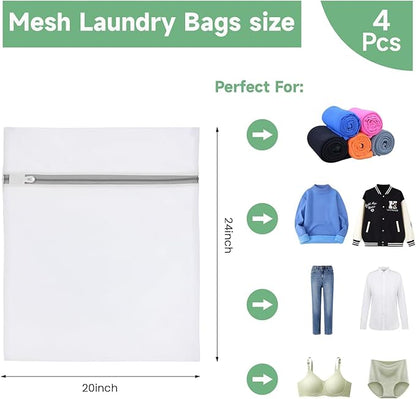 Laundry Bags Mesh Wash Bags, Durable Delicate Laundry Bag for Lingerie, Bras, Baby Clothes, Blouse, (4pcs 20 X 24 Inches), White