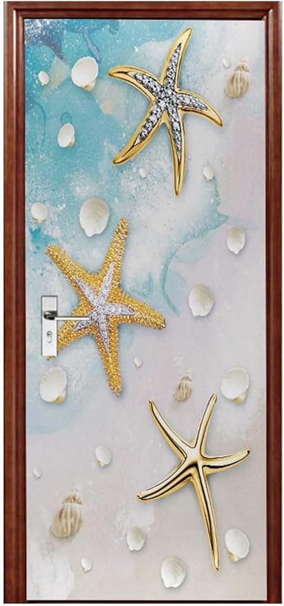A.Monamour 3D Door Stickers for Interior Doors Nautical Pattern with Starfish Shells on Sandy Beach Vinyl Waterproof Self Adhesive Door Mural Decals for Bedroom Office Bathroom 77x200cm