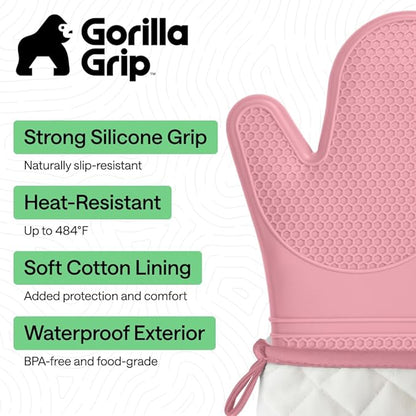 GORILLA GRIP BPA-Free Soft Silicone Oven Mitts, 14.5x8.3, Heat Resistant and Waterproof Cooking Gloves, Thick Cotton Lining, Flexible Gripping for Baking Grilling, Kitchen Potholders Set of 2, Pink