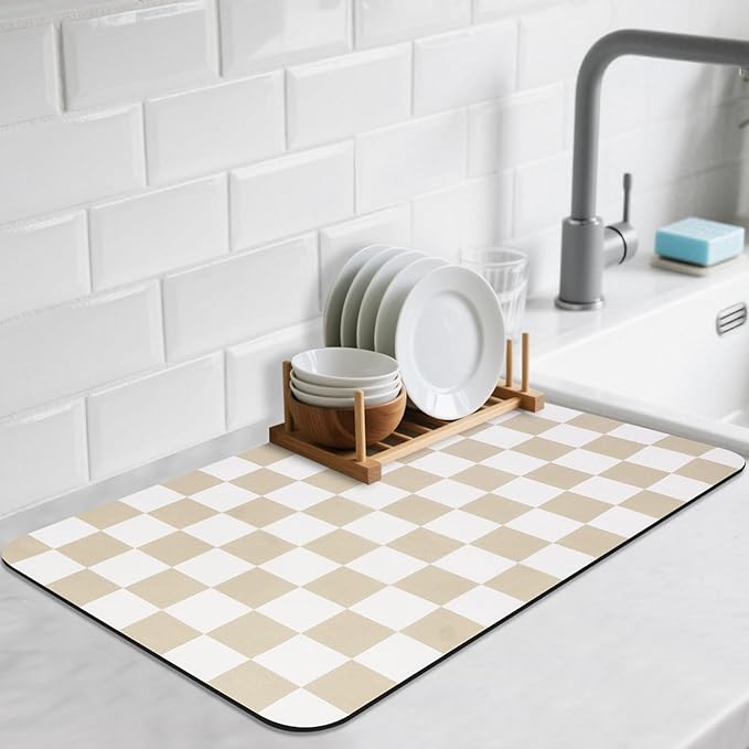CooRug Checkered Dish Drying Mat for Kitchen Counter, Absorbent Non-Slip Coffee Mat, Heat Resistant Mat for Countertops Coffee Bar Decor 12" x 20" Khaki